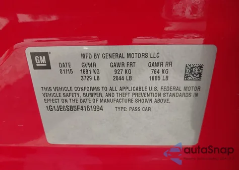 2015 Chevrolet Sonic Ltz Auto z USA, uszkodzony, nr VIN 1G1JE6SB5F4161994